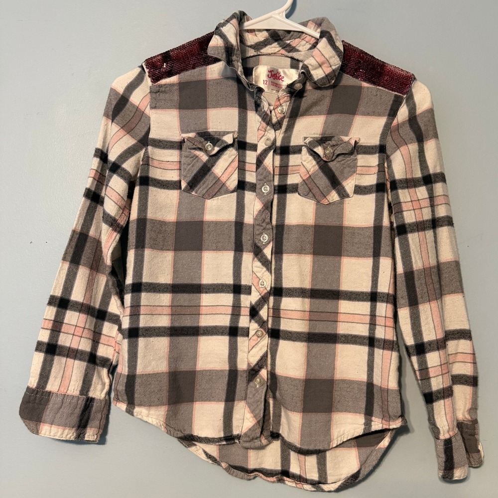 Justice Girls Size 12 Pink Grey Plaid Sequin Shoulder Flannel Button Down 2090